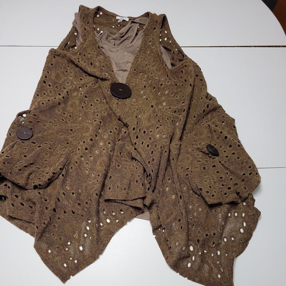 Style Slip Shaw Set Womens‎ M Blouse Brown Short Sleeve Boho Scoop Neck Wear Art